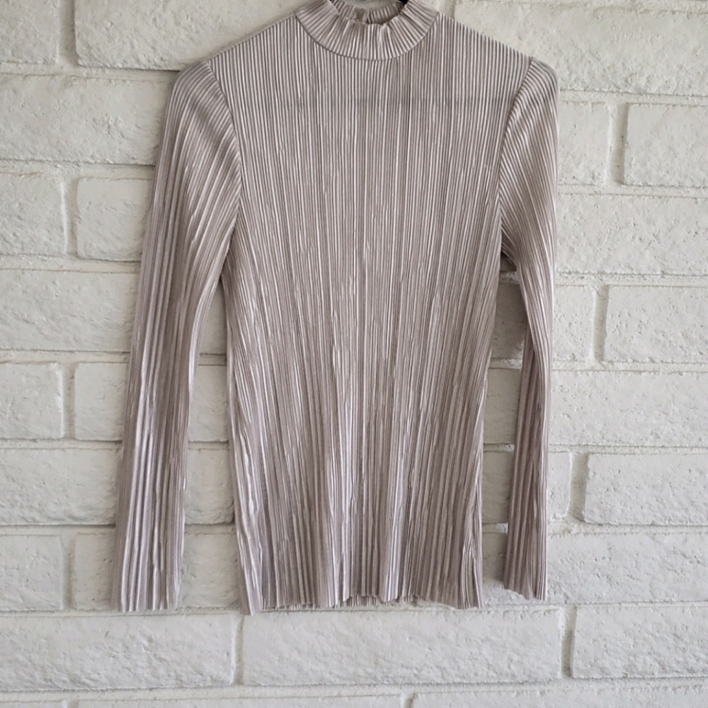 Ribbed chiffon mock neck long sleeve blouse top